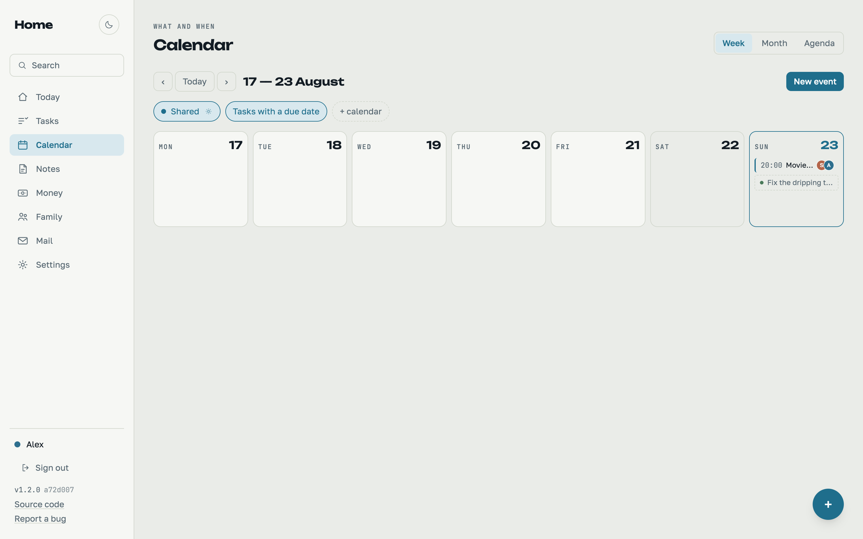 Family calendar with shared events and birthdays