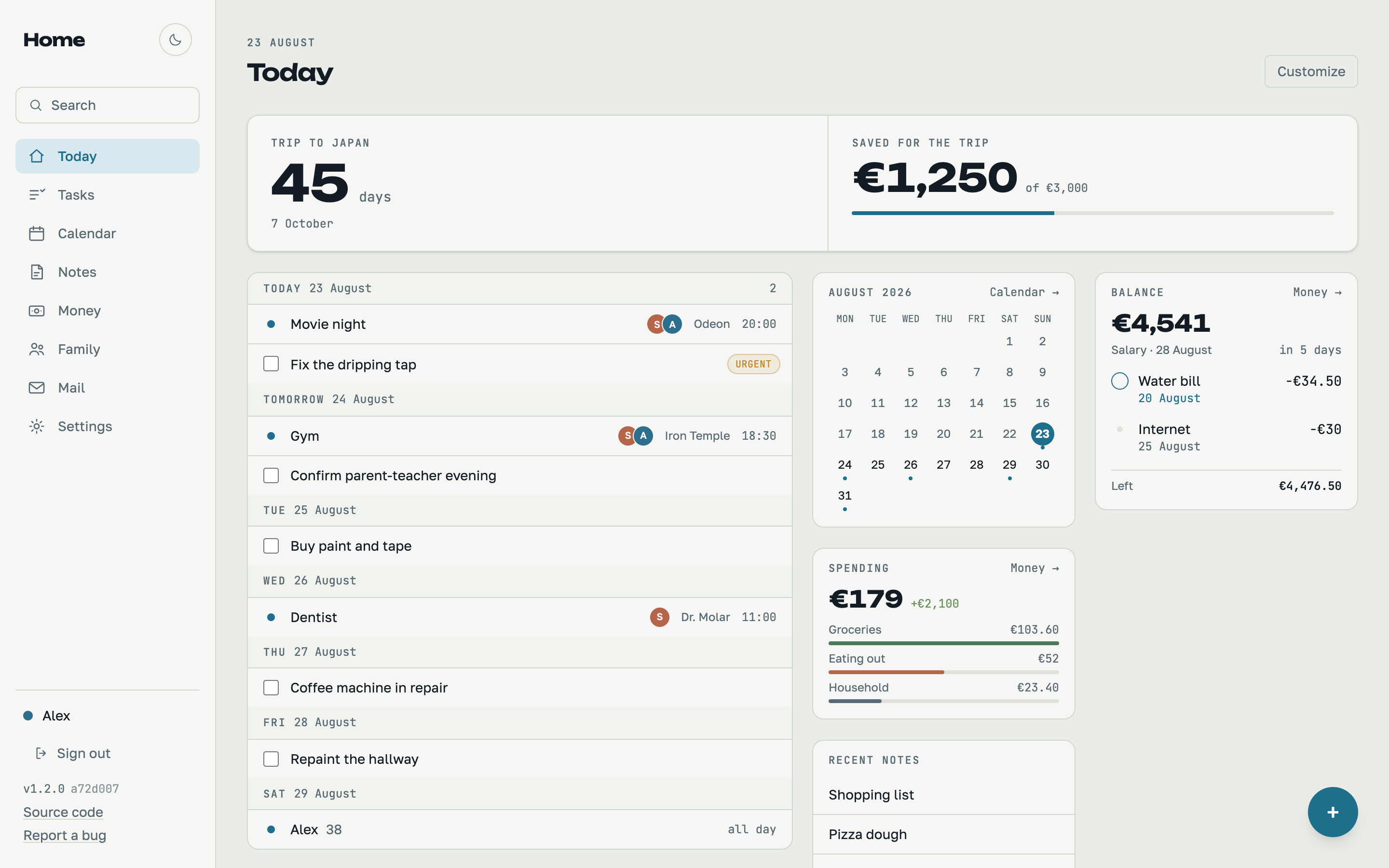 Neiliro dashboard: today's tasks, a family calendar, spending summary and recent notes on one screen
