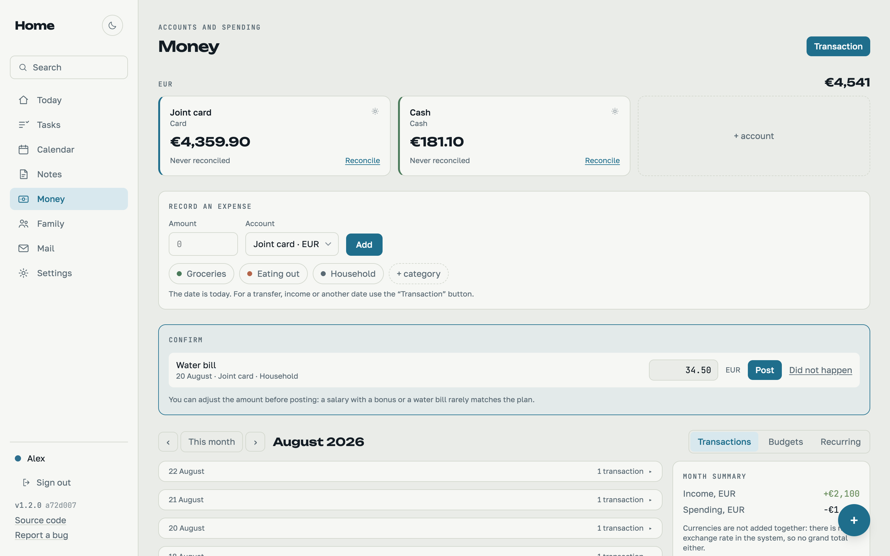 Money view with accounts, budgets and a spending donut chart